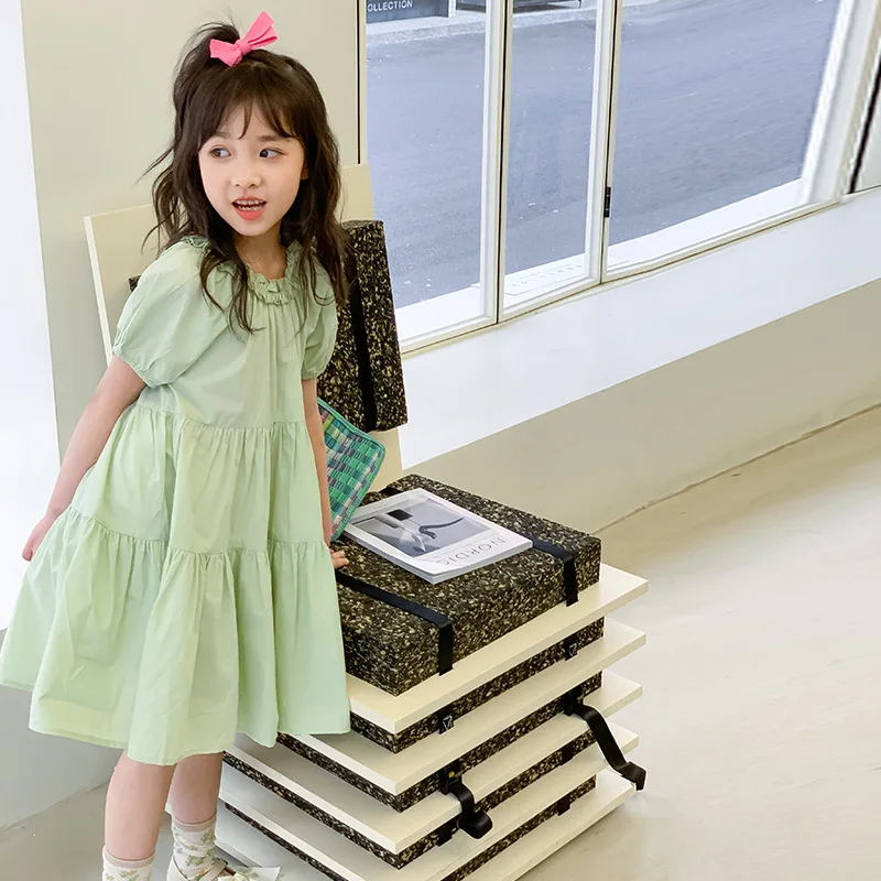 JUCPKID Korean Summer Junior Girl One-piece Dress Children Girl Lace Bubble Sleeve Princess Dress School Girl Sweet Cake Dress