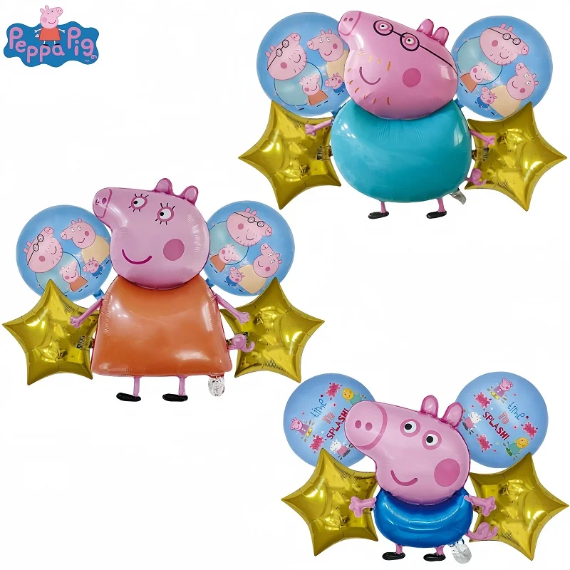 Juego de globos de papel de aluminio familiar con tema Peppa Pig de 5 piezas, que incluyen Peppa y George, ideal para fiestas y celebraciones