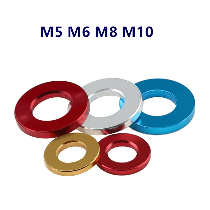 10pcs M5 M6 M8 M10 อลูมิเนียมแบนเครื่องซักผ้า Anodized Multi-corlor อลูมิเนียม Bushing ปะเก็นเครื่องซักผ้าธรรมดาสําหรับรุ่น RC อะไหล่
