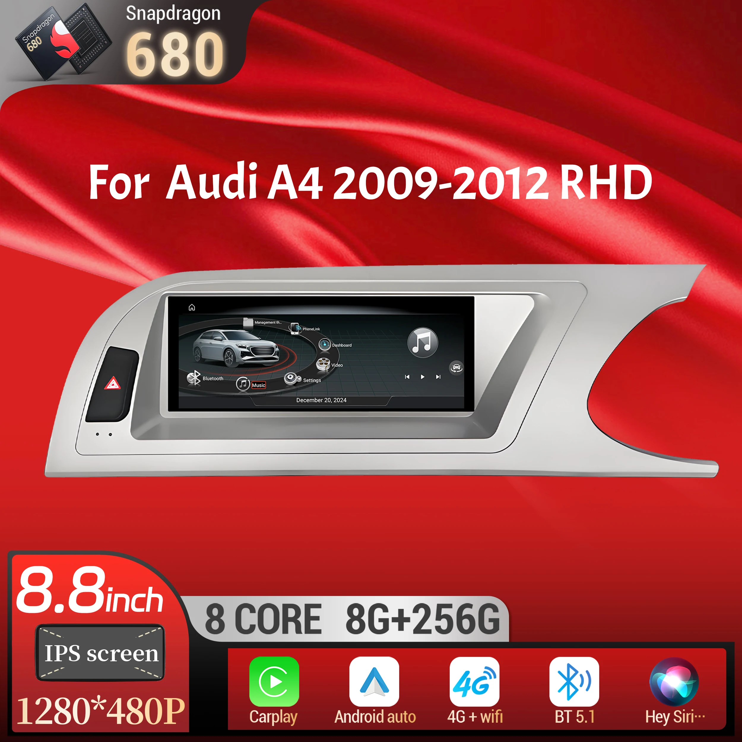

8.8 inch Right Hand Drive Android 14 For Audi A4 2009-2012 Car Radio Wireless Carplay Head Unit Qualcomm Snapdragon 680 Screen