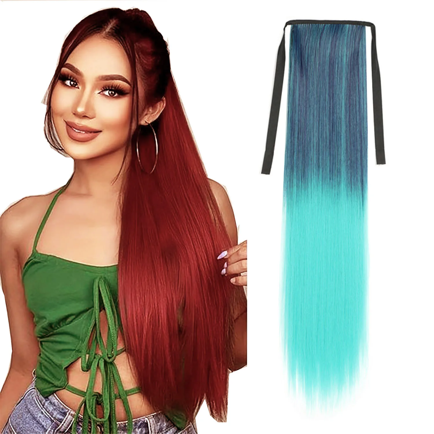 

Straight Ponytail Hair Extension with Ribbon Drawstring Rainbow Ombre Gradient Color Synthetic Ponytails Hairpiece for Women