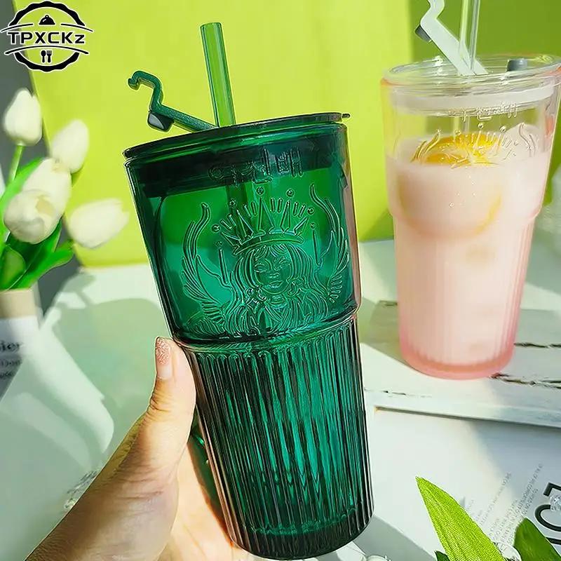 Milk Cup Green Goddess Model Water Cup Glass Cup With Lid and Straw Transparent Bubble Tea Cup Coffee Drinkware Dessert Cup