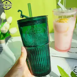 Milk Cup Green Goddess Model Water Cup Glass Cup With Lid and Straw Transparent Bubble Tea Cup Coffee Drinkware Dessert Cup