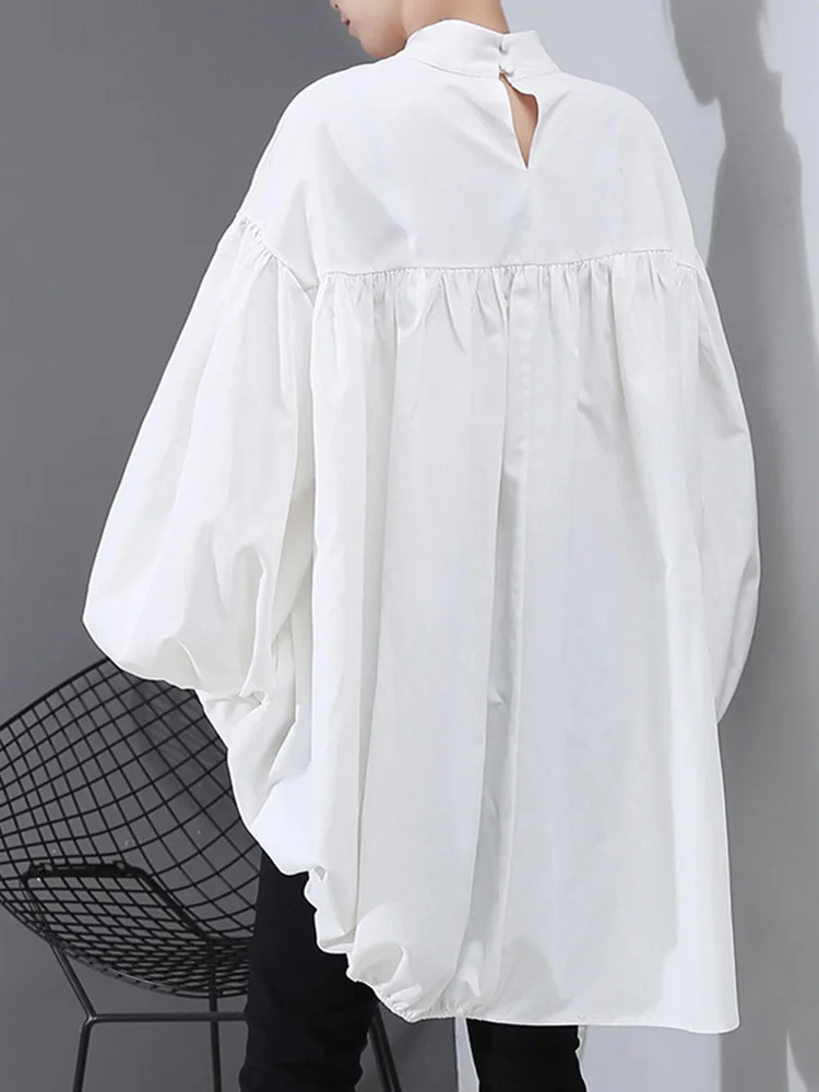 [EAM] Women Back Long Drawstring Big Size Blouse New Satnd Collar Long Sleeve Loose Fit Shirt Fashion Spring Autumn 2024 1N242