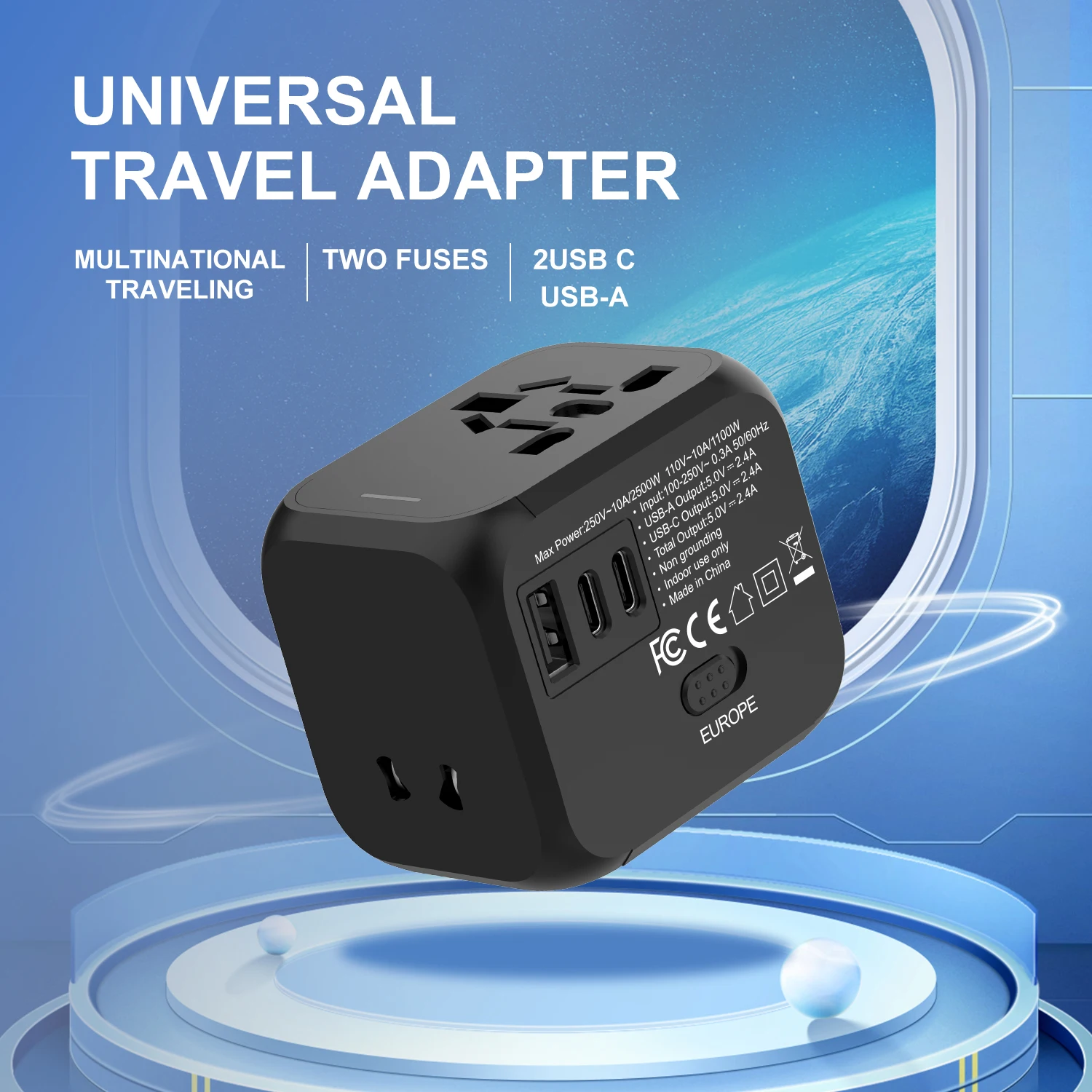 Universal Travel Adapter All-in-One International Wall Charger 2.4A 2 USB-C & USB-A Ports for 200+ Countries 100V-250V EU UK US