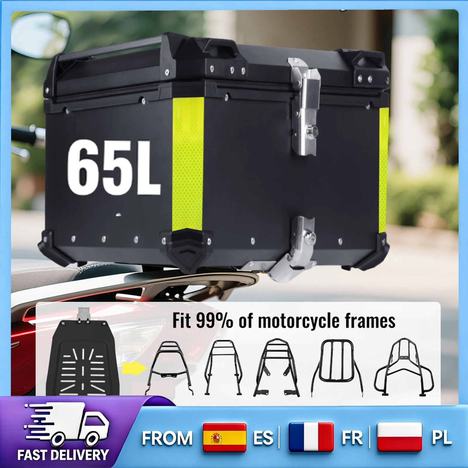 Coffre arrière de moto 65L en alliage d'aluminium, boîte de rangement résistante aux intempéries, grande capacité, bagages avec autocollants réfléchissants, ajustement universel