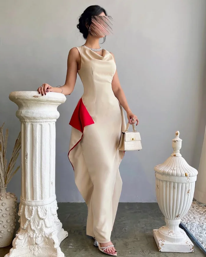Customized High Quality Sleeveless Halter Ankle Length Color Contrast Women Evening Prom Grace  Robe De Soirée Bleu  Dresses