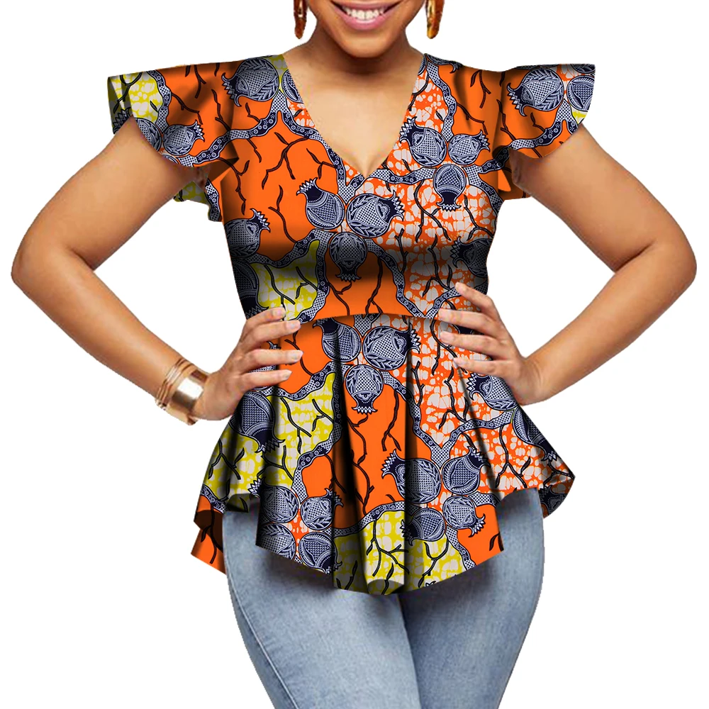 

Women Kente Boho African Print Top Ankara Shirt Ruffles Sleeve V Neck Dashiki Blouse Casual Shirt Wy8122