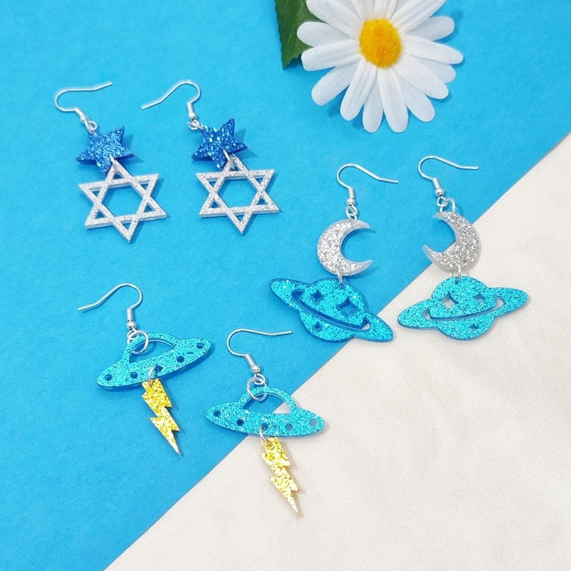 KUGUYS Lovely Glitter Earrings For Women Acrylic Star Moon UFO ET Music Art Festival Jewelry