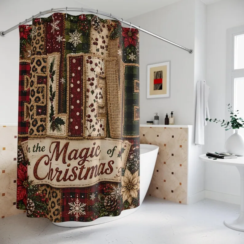 Believe in Christmas Shower Curtain Faux Patchwork Plaid Leopard Poinsettia Rustic Farmhouse Holiday Bathroom Decor
