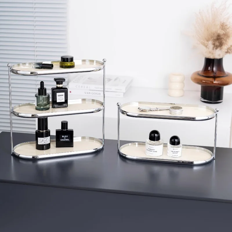 

Acrylic Stainless Steel Organizer Oval Cosmetic & Cup Holder Minimalist Desktop Skincare Display Luxury Multi-Layer Vanity Rack