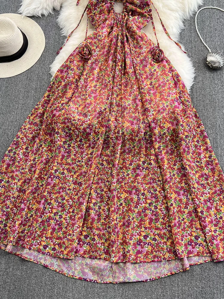 Robe longue d'été à fleurs pour femmes, tenue de plage, col en V, sans bretelles, dos nu, longue, slim, imprimée, bohème, éducative