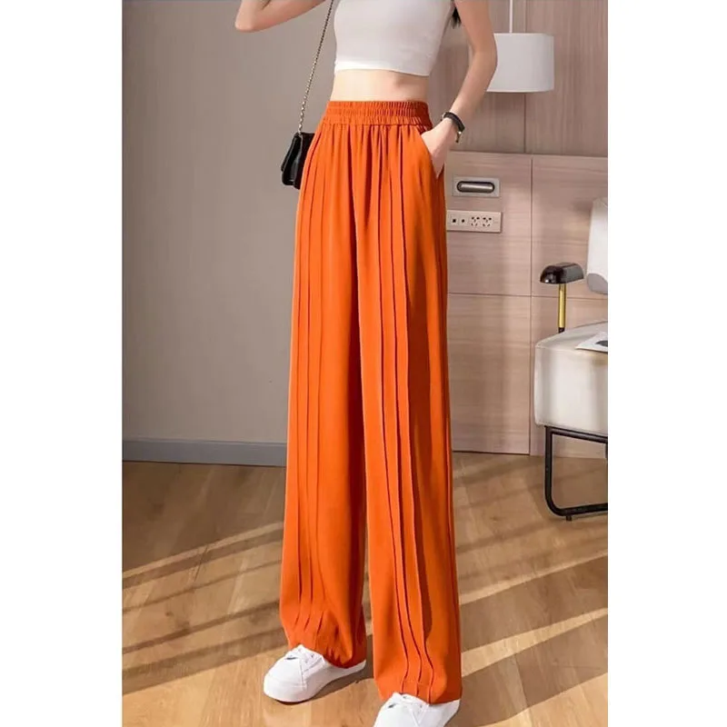 

Summer New Women's Solid Color Appear Thin Fashion Casual Loose Ice Shreds Covering Meat High Waisted Drape Floor Mopping Pants