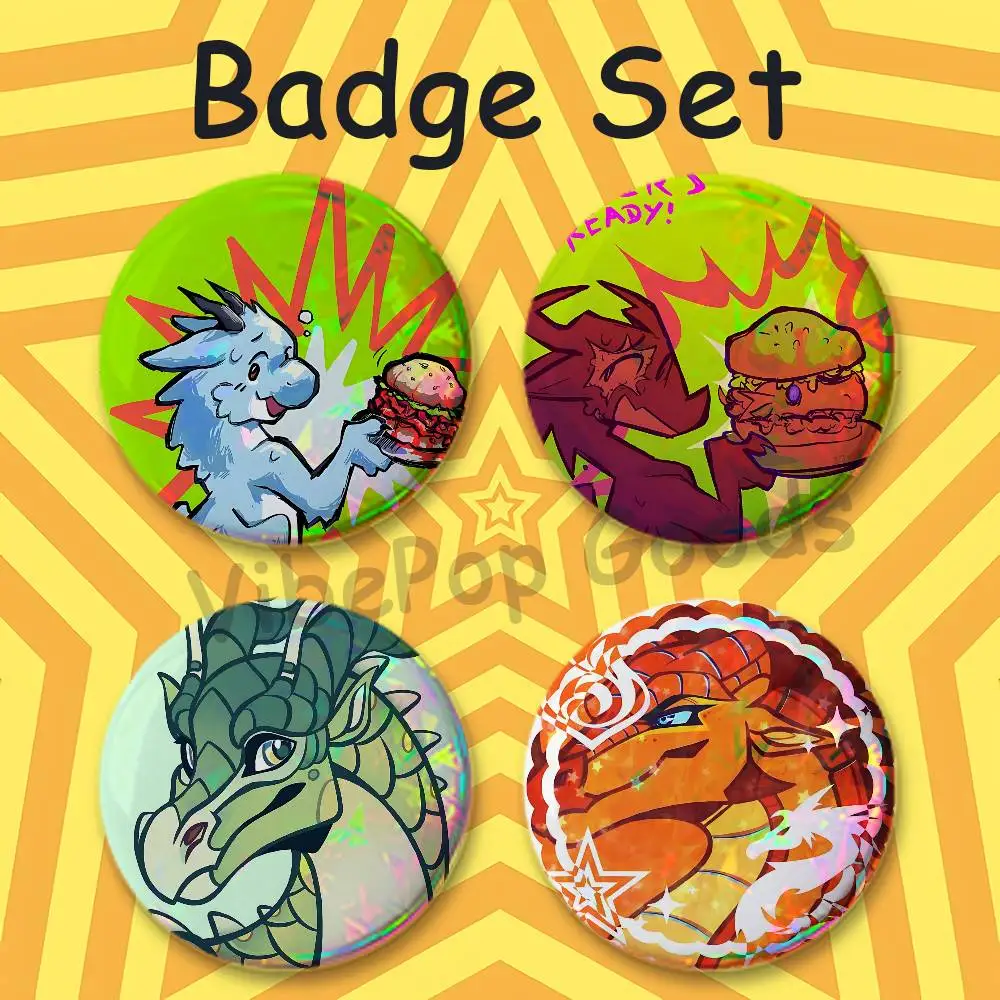 W-WOF Dragons W-Wings Of F-Fire 75mm Large Tin Badge 3 Inch Holographic Baji for Ita-Bag Centerpiece 4-Piece Set