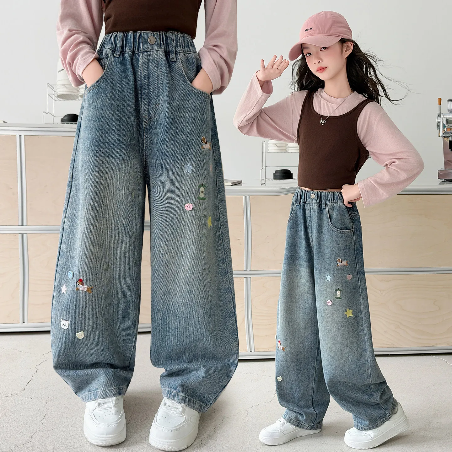 New Fashion School Girls Autumn Cartoon Embroidery Wide Leg Jeans Children Stylish Loose Straight Denim Pants Kids Trousers 4-14