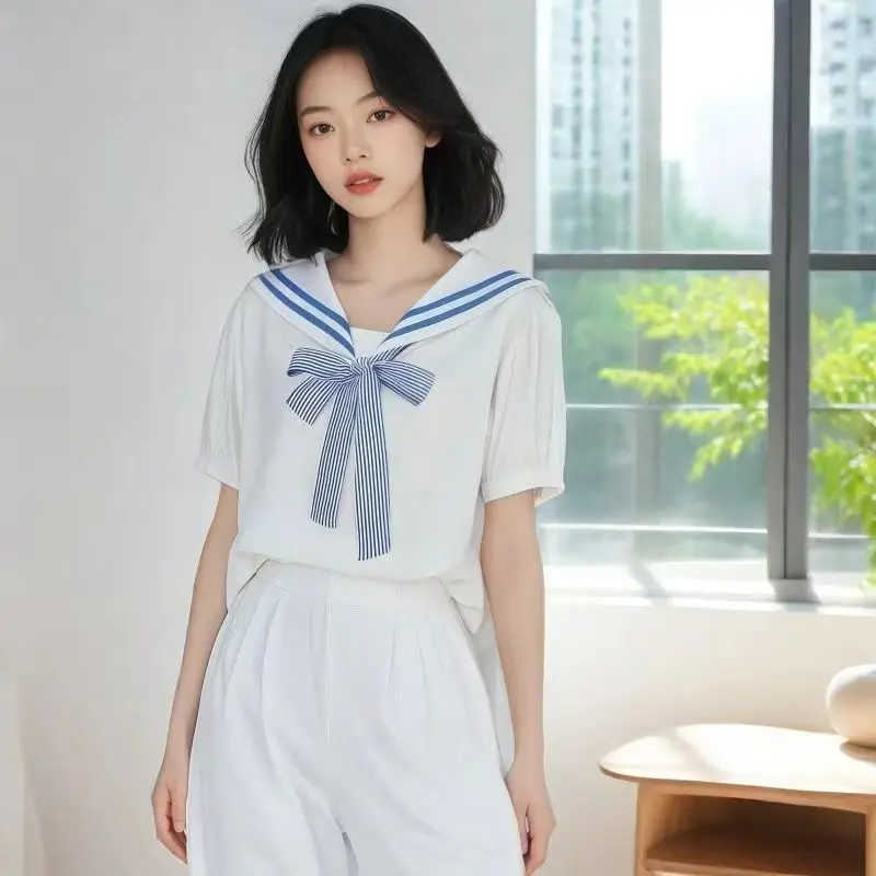 Camicia in cotone 100% di alta qualità Donna Papillon Dolce estate JK Colletto alla marinara Manica corta Camicette bianche blu scuro Uniforme scolastica Top