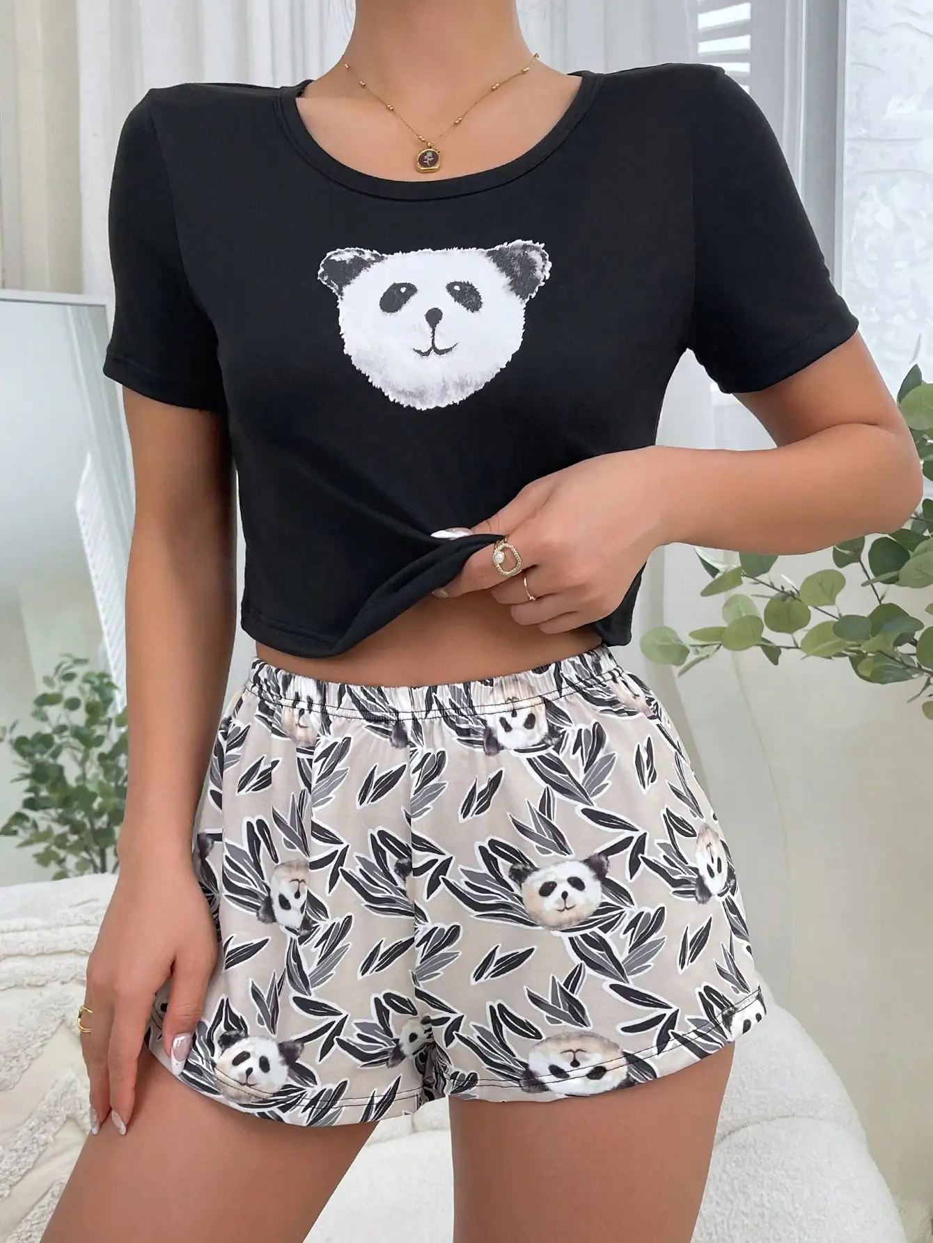 Women Pajama Set Summer Short Sleeve Round Neck Panda Print Top Elastic Band Short Pants Allover Prints Panda Sleepwear Set