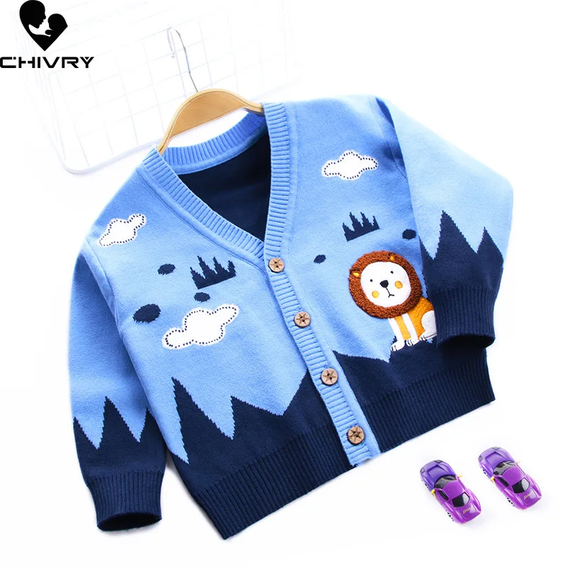 

New Autumn Winter Kids Cardigans Baby Boys Cartoon Lion Embroidery Single-breasted V neck Knit Cardigan Sweater Coat Outer Wear