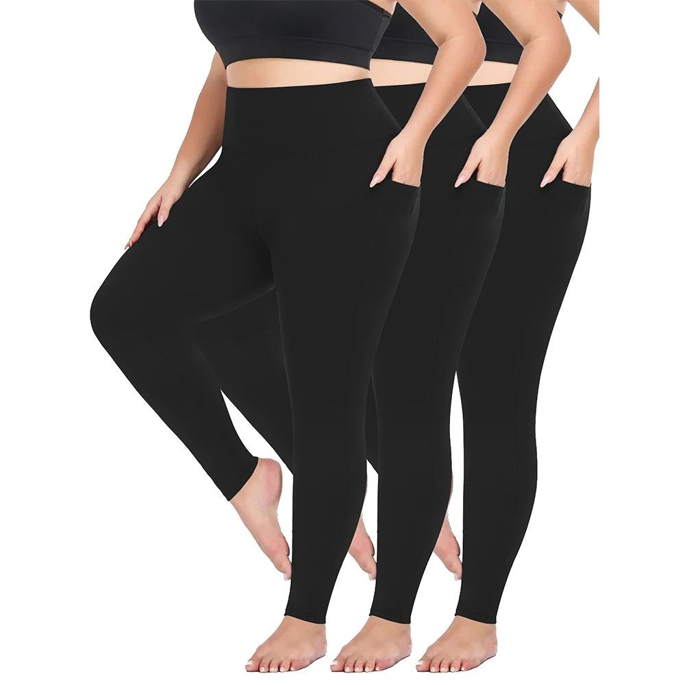 Confezione da 3 Leggings taglie forti con tasche per pantaloni da Yoga da allenamento morbidi in Spandex a vita alta da donna