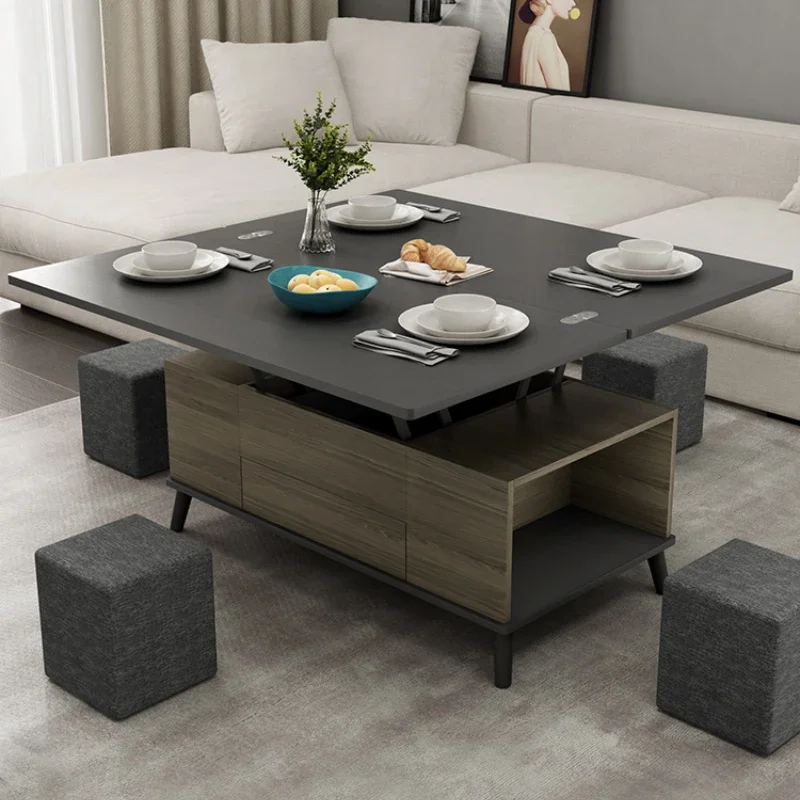 Nordic Lifting Coffee Table Changing Dining Table Integrated Retractable Folding Dining Table Tempered Glass