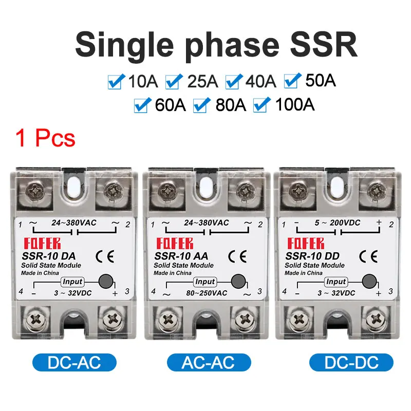 

LCTC 1pcs Solid State Relay Single Phase Non-contact SSR DC To DC AC To AC DC To AC 24-380VAC 10A 25A 40A 50A 60A 80A 100A