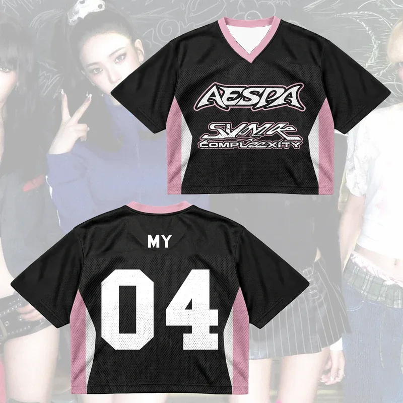 2026 Aespa SYNK COMPLEXITY Cropped Football Jersey Y2K Short Sleeve T-shirt Kpop Fan Concert Streetwear Crop Top For Kids Adults