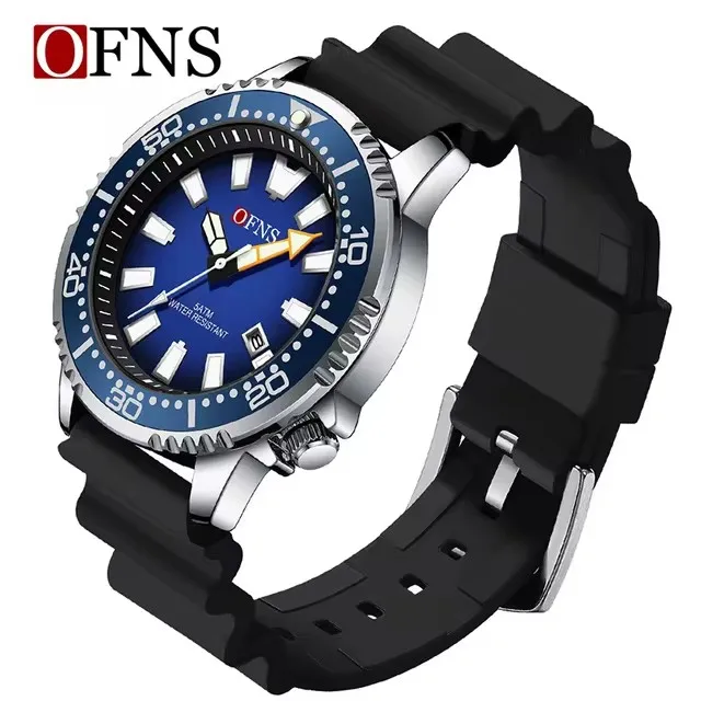 OFNS 8032 Orologio al quarzo da uomo Fashion Cool Black Sport Arancione Verde Calendario Luce notturna Orologio con cinturino in silicone impermeabile