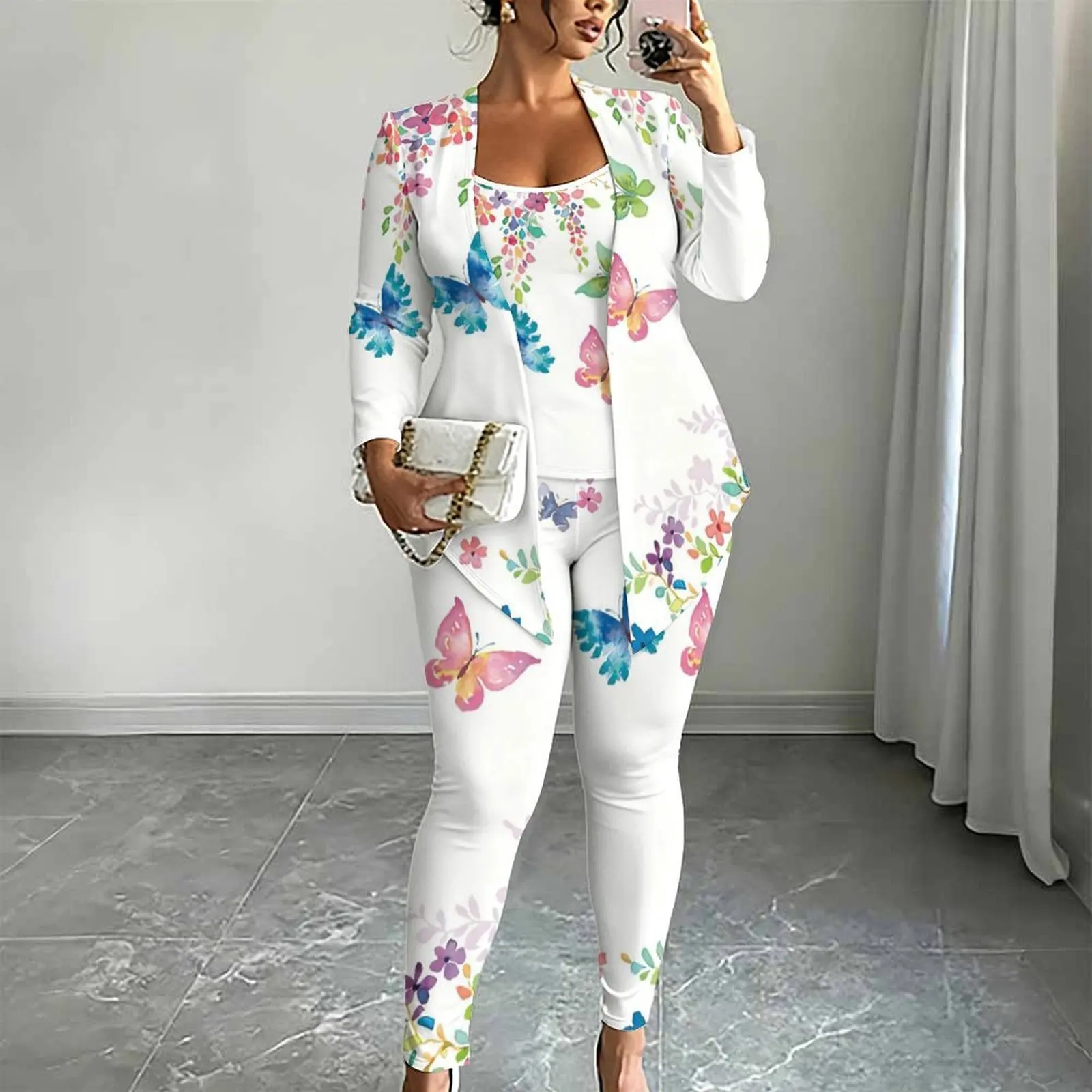 3pcs Beach Vacation Casual Three Piece Set Half Sleeve Irregular Hem Coat Slim Vest Fashion Printed Leggings Jogging Pants