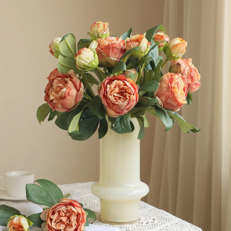 51cm Large Silk Peony Artificial Flowers Burnt Edges Simulation Peony Rose Fake Flowers Bouquet Wedding Party Home Decoration