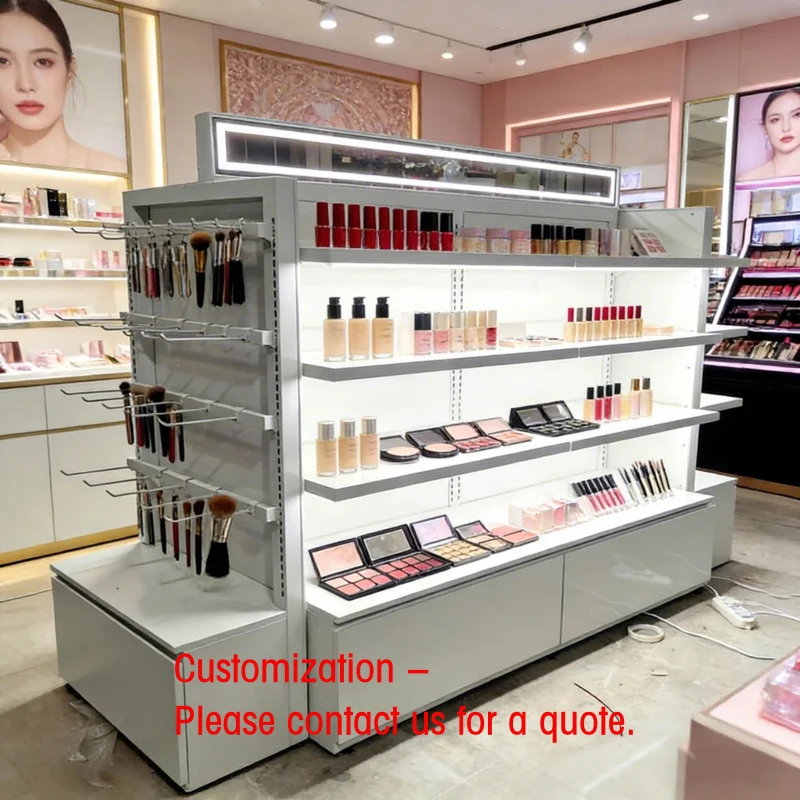 custom.XINYI LED Modern Luxury High-Grade Stainless Steel Heavy Duty Makeup Counter Display Stand Cos