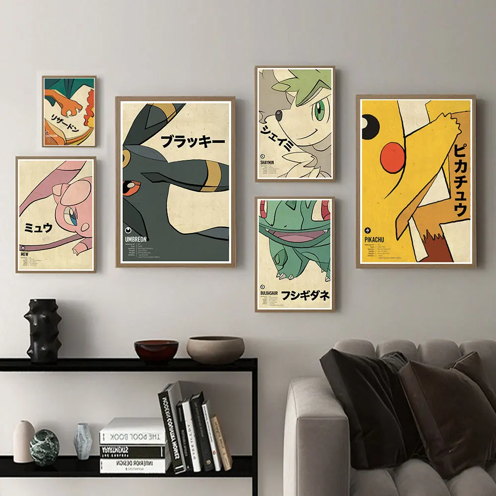 

Vintage Posters Pokemon Peripheral Anime Roles Gengar Pikachu MEW Kawaii Picture Art Canvas Painting for Kids Bedroom Decor Gift