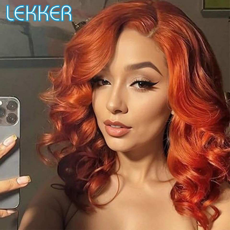 

Lekker Colored Orange Ginger Body Wave 13x5 HD Lace Frontal Human Hair Wigs For Women Brazilian Remy Hair Short Wavy Bob Wigs