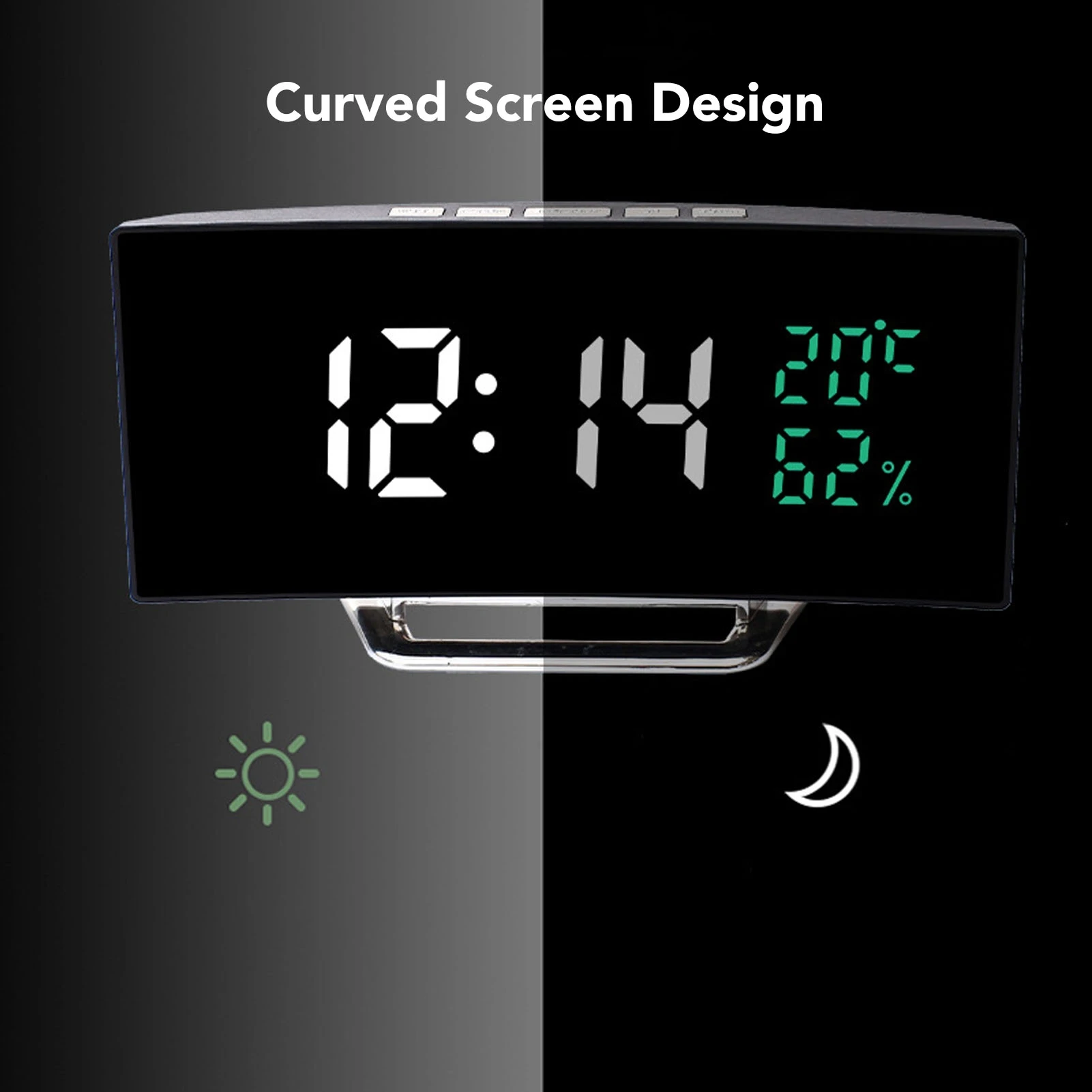 LED Mirror Alarm Clock Curved Screen 12 24 Hour Temperature Humidity Display Snooze Mode Electric Alarm Clock