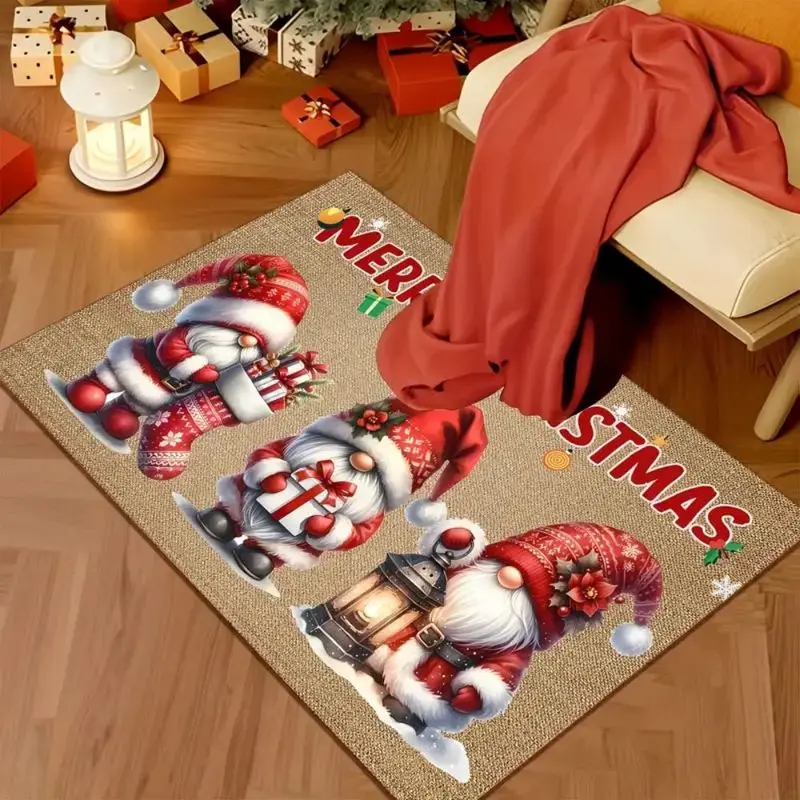 VIKAMA Christmas Crystal Velvet Door Mat Three Gnomes Gift Lantern Print Non Slip Mat For Front Door Porch Entry Decor