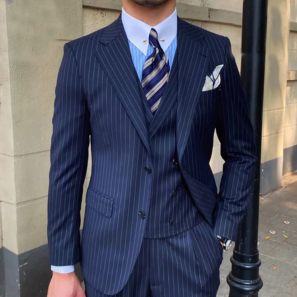 Fashion Navy Blue Striped Suits For Mens Formal Business Blazer Wedding Groom Tuxedo Party Blazer 3 Piece Set Costume Homme