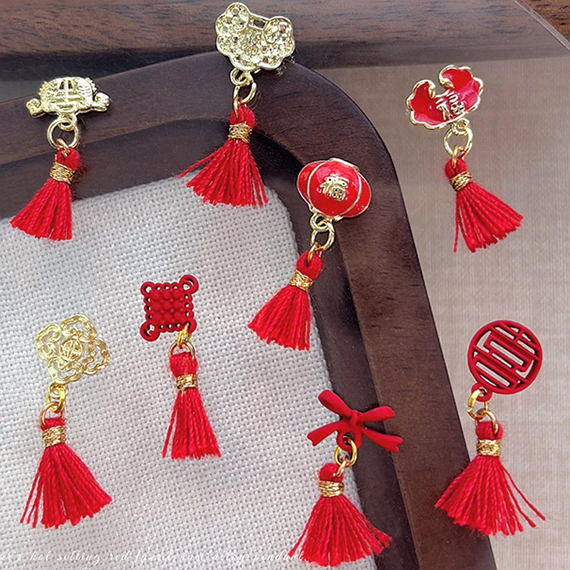 Pendentif pompon avec nœud chinois rouge pour Nail Art, 5 pièces, breloques, accessoires, pièces pour le nouvel an lunaire, décoration des ongles, fournitures de manucure