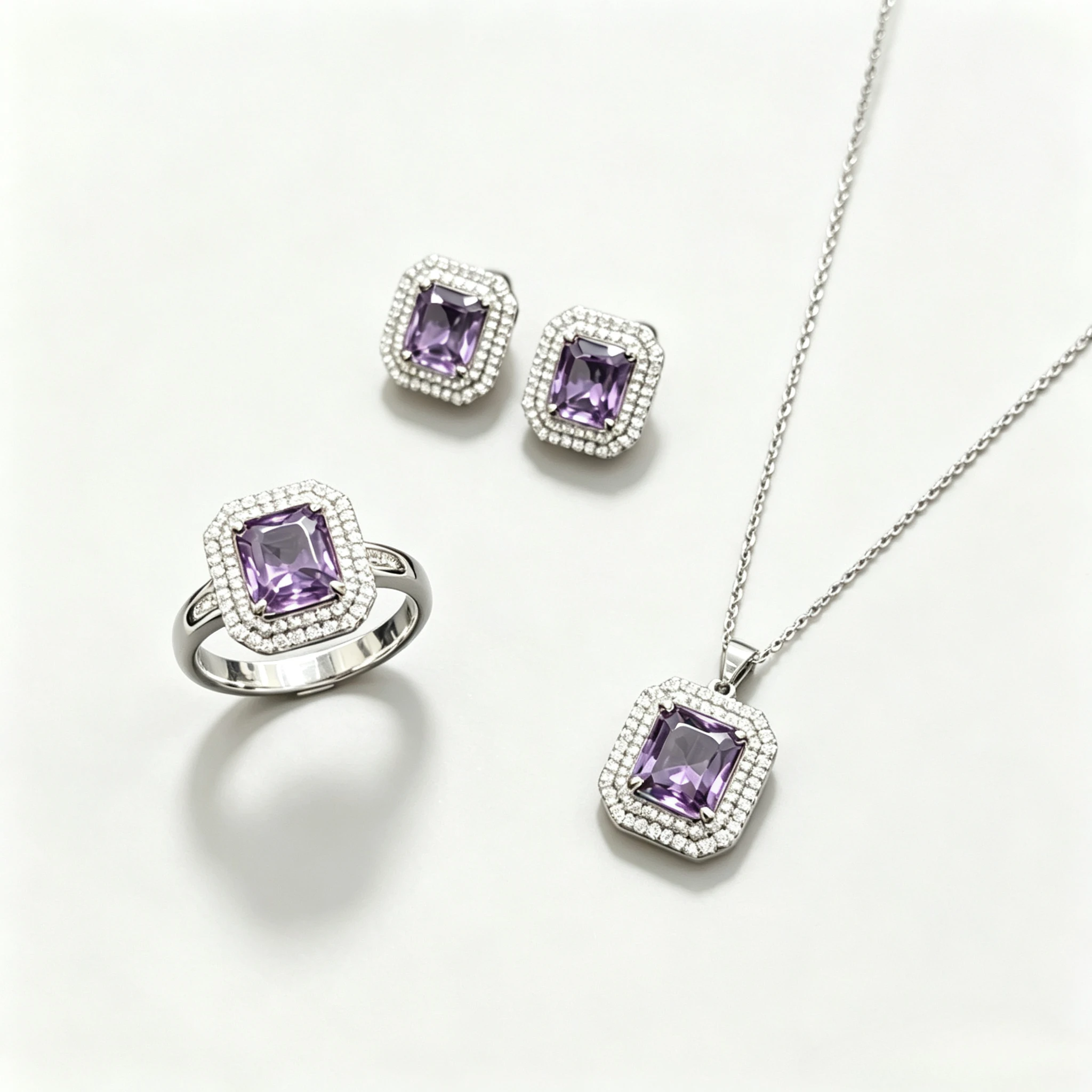 Princess Square Purple CZ Double Layer Halo Necklace Earrings Ring Upscale Chic Women Valentine's Day Daily Wear Jewelry Sets