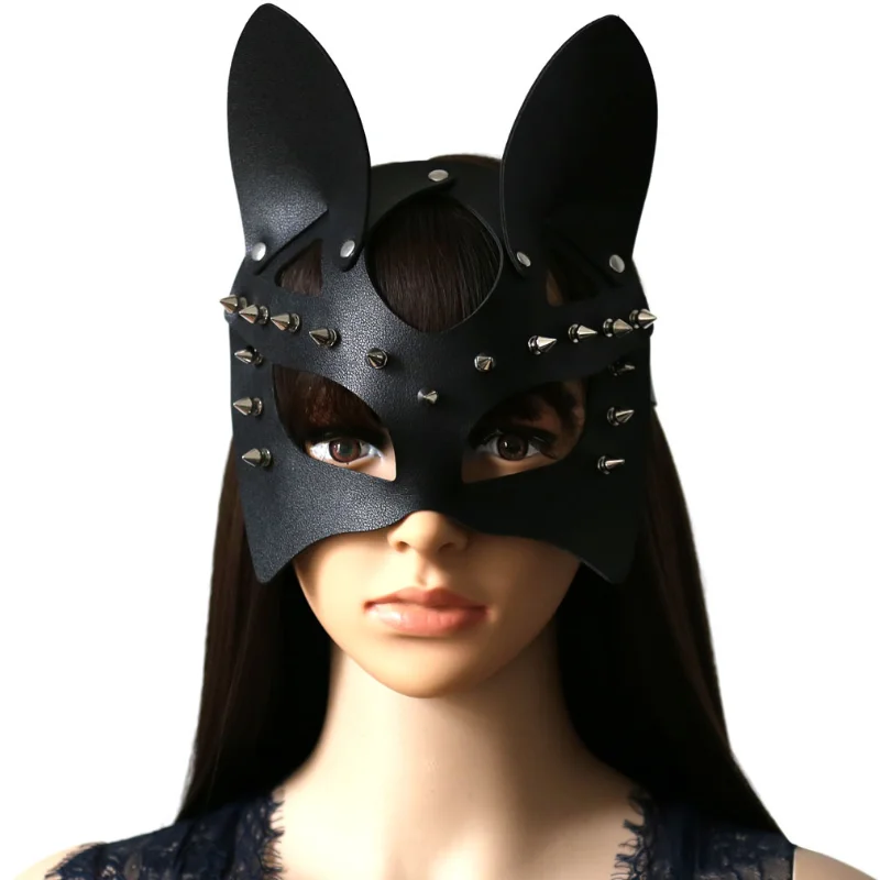 Decopunk Sexy Leather Mask Bunny Girl Cosplay Rave Mask Rivets Bondage Harness Bdsm Halloween Party Cat Mask Woman Man