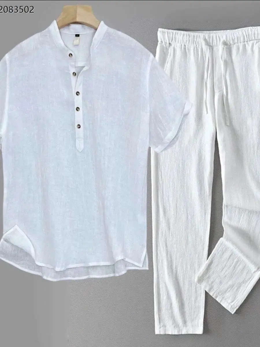 

Льняной мужской повседневный комплект из рубашки с коротким рукавом и длинных брюк, летний, комфортный, дышащий, молодежный, модный