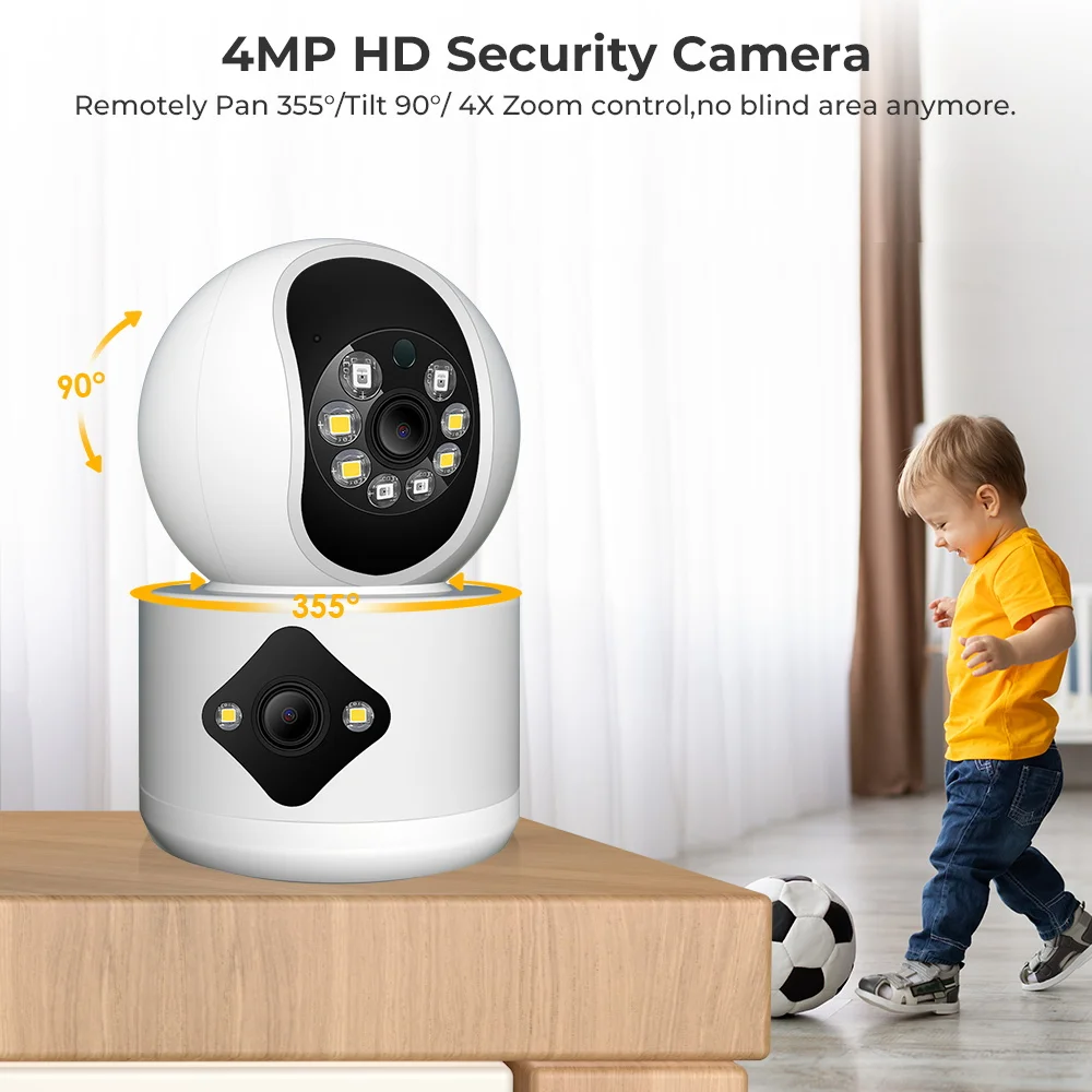 Caméra de surveillance intérieure PTZ IP WiFi HD 4MP, dispositif de sécurité domestique sans fil, avec suivi automatique, IA, détection humaine, vision nocturne infrarouge, connexion USB, Icsee