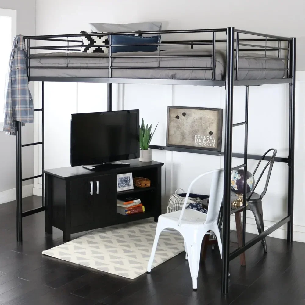 Durable Timothee Urban Industrial Metal Double over Loft Bunk Bed, Full Loft, Black