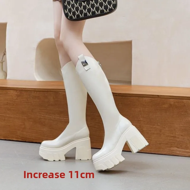 Women's Knee-High Thick Sole High Heel Boots Rider Style Slimming Long Boots with Chunky Heel Fashion Elevator Long Shaft Design