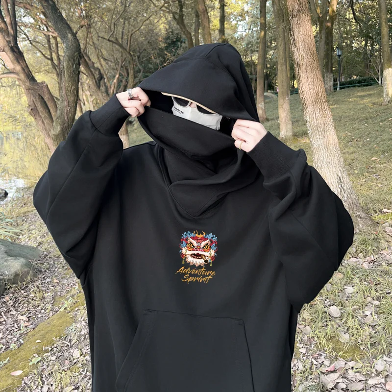 Autumn Lion Dance Graphic Ninja Hoodie Men Fleece Pocket Turtleneck Oversized Hooded Sweatshirt Japanese Streetwear Y2K Hoodies