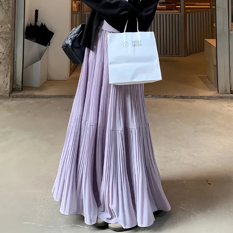 Korean Puple Chiffon Skirt Women Summer High Waist A Line Skinny Skirt Sweet Pleat Tiered Pretty Style Cake Beach Holiday Skirt