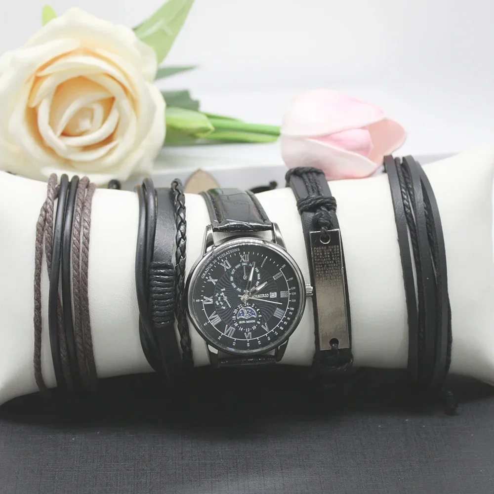 5pcs Set Men's Water Proof Clock Jewelry Sets Retro Fashion Personality Temperament Men's Watch for Classmate Friend Gift
