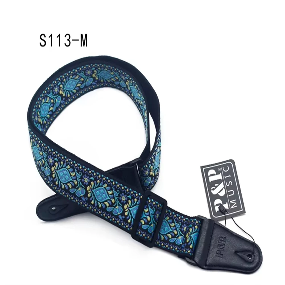 Guitar Strap Embroidered Belt Adjustable Jacquard Band Cotton Leather End For Bass Acoustic Electric Guitar Ukulele Instruments