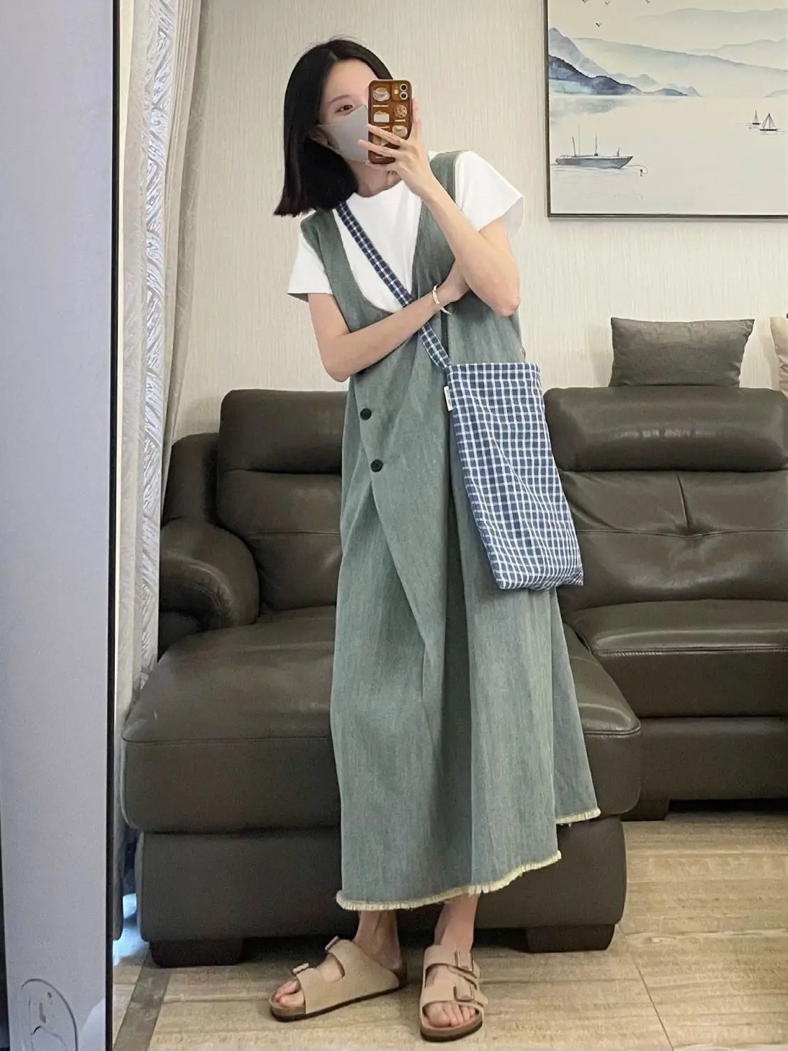 Abito elegante alla moda e versatile, girocollo, t-shirt a maniche corte, gilet, abito in denim