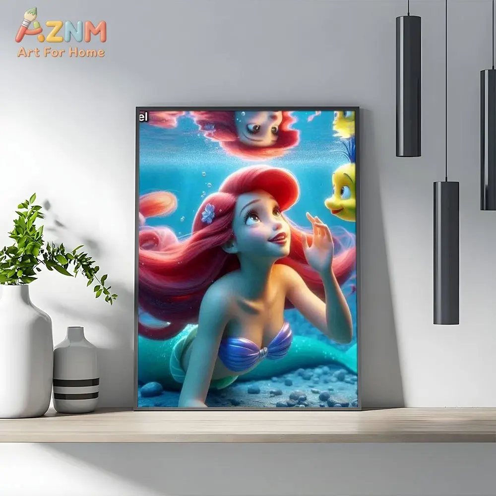 AZNM Disney La Sirenita Ariel Flounder, arte de escena con reflejo subacuático, impresión plana 2D, arte de pared en lienzo sin marco, para niños