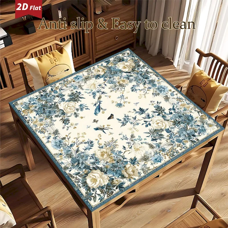 VIKAMA Square Mahjong Table Mat Retro Flower, Bird, Butterfly Printed Anti Slip Noise Reduction Absorbent Mat Home Decoration