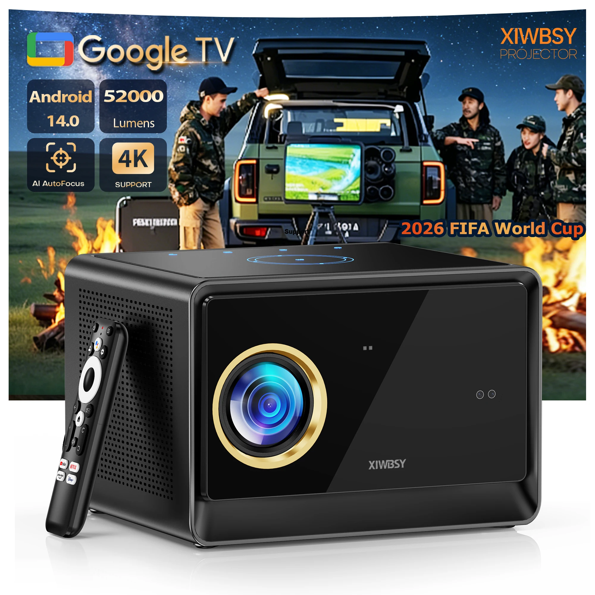 Projetor 4K XIWBSY 4000ANSI WIFI6 com Google TV, Projetor de Vídeo HDR para Home Theater, Projetor Óptico Totalmente Selado 1080P